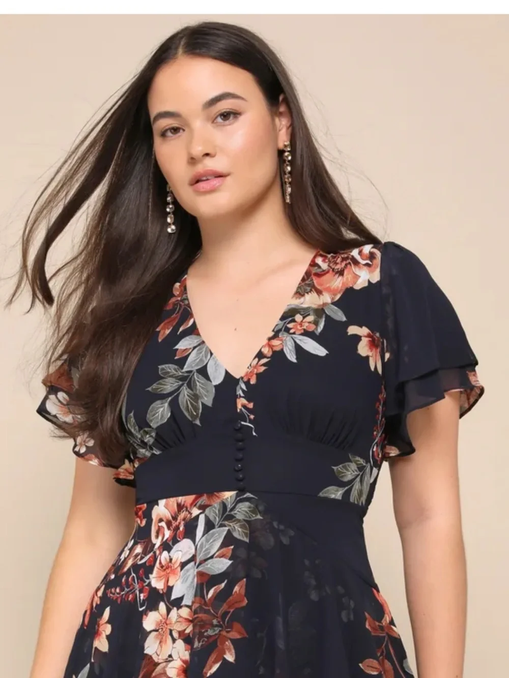 Lulu’s Navy Floral Tiered Maxi Dress with Flutter Sleeves XL - Picture 2 of 8
